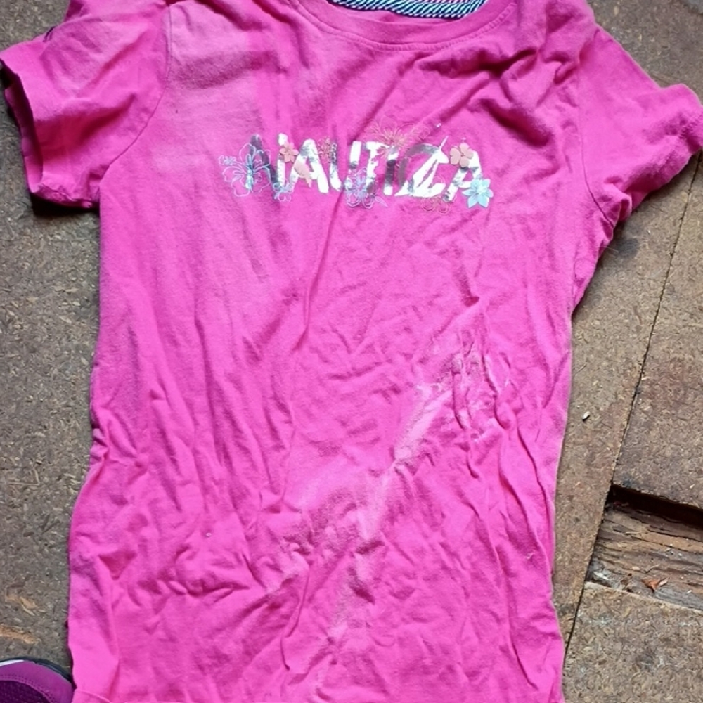 Nautica Girls' Bright Pink Floral Logo Short Sleeve Tee